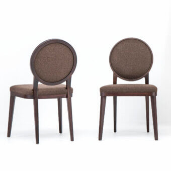Elegant Bross Plaza chair crafted in Italy with premium brown fabric and a matte wood structure