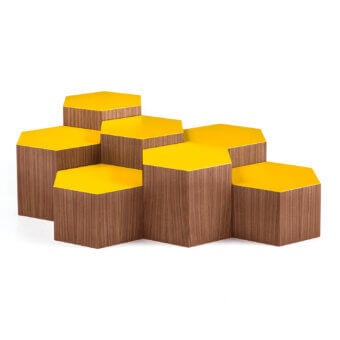 Superior Bross Six coffee table with hexagonal shape in walnut or oakwood and vibrant yellow glossy lacquered top