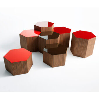 Distinguished Bross Six coffee table with a hexagonal form in walnut and glossy lacquered red
