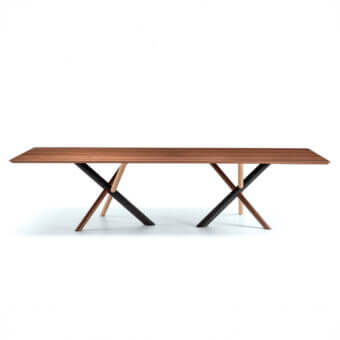 Distinguished Bross W table crafted with a rich wood grain, crossed legs in American walnut and stained heat-treated oak