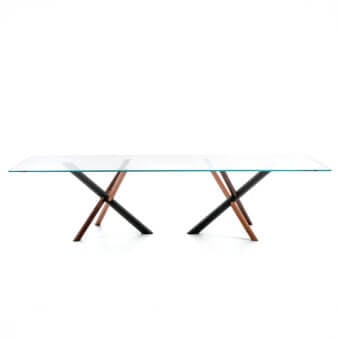 Exceptional Bross W table crafted with a glass top and American walnut with metal in RAL 7016 exhibiting a geometric aesthetic