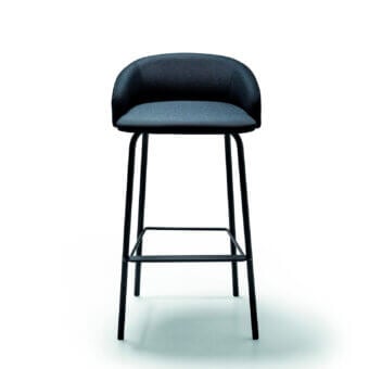 Exceptional Bross Wam stool with cushioned seat and backrest upholstered in dark premium fabric and sleek black metal frame
