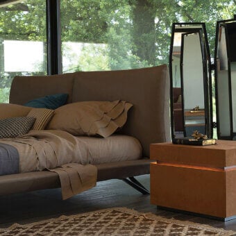 Sophisticated Cierre1972 Sun nightstand with leather upholstery and integrated touch lighting in a matte brown finish