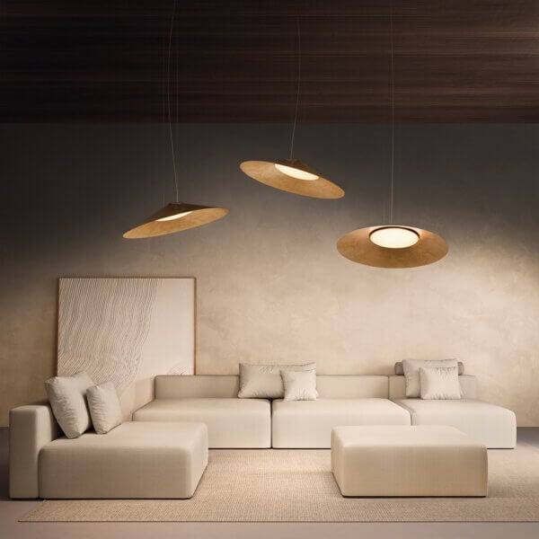 Exceptional Kundalini Kate suspension lamp with opal diffuser and aluminum coated structure in matte finish