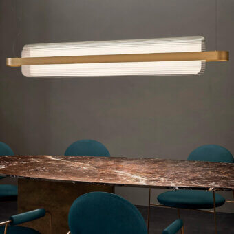Exceptional Kundalini Nami suspension lamp with textured curved glass and golden metallic coated structure