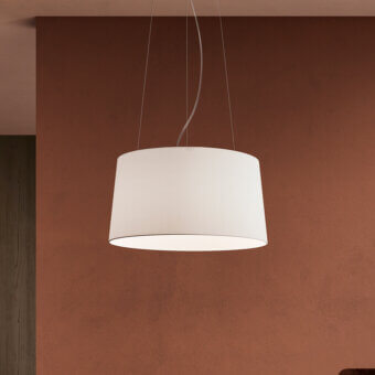 Elegant Kundalini Tripod suspension lamp with textured white fire-resistant fabric shade and clear cable suspension