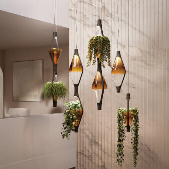Exceptional Kundalini Viceversa suspension lamp with amber mouth-blown glass and dark metal structure crafted in Italy