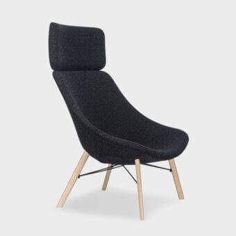 Elegant Lapalma Auki lounge chair with headrest upholstered in dark gray textile with a solid ash wood base