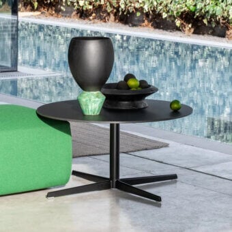 Distinguished Lapalma Outdoor Auki coffee table with sleek matte black powder-coated aluminum base and HPL Fenix® top