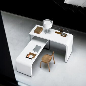 Elegant Lapalma Brunch desk with a curved honeycomb board top in white Fenix® and a powder-coated metal base