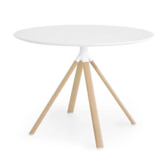 Lapalma fork round table, white glossy top, light wood angled legs, central pedestal, minimalist modern design, studio shot.