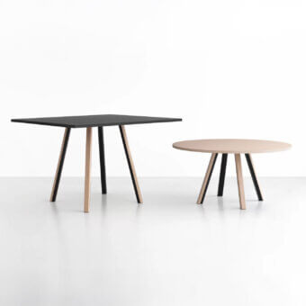 Lapalma Ori tables, black and beige, square and round, with angled light wood and black legs, minimalist studio presentation.
