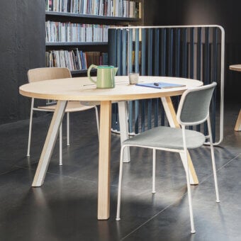 Distinctive Lapalma Ori workstation with a light-toned wood top and bent powder-coated metal with solid ash wood legs