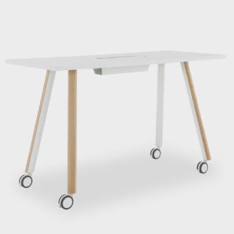 Exceptional Lapalma Ori workstation with a white HPL Fenix® top, bent powder-coated metal and solid ash wood legs with castors