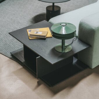 Exceptional Lapalma Plus side table crafted in black open-pore stained oak with architectural form and minimalist aesthetics