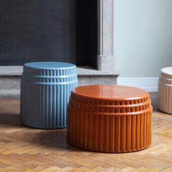 Distinguished Miniforms Kolos coffee table in glossy ceramic showcases vertical ribbed patterns with blue tones