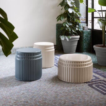 Exceptional Miniforms Kolos coffee table crafted in light beige glazed ceramic with polished vertical rib detailing