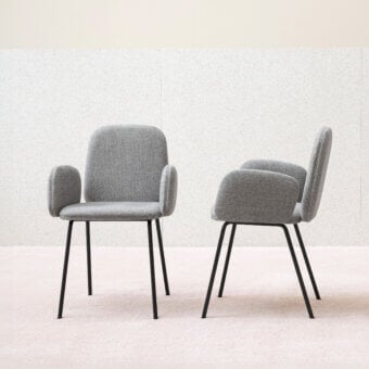 Superior Miniforms Leda chair with soft silhouette in gray herringbone textile and angled black metal legs
