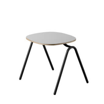 Mariolina Edu chair by Miniforms, light gray plywood tabletop, three matte black angled legs, minimalist geometric design.