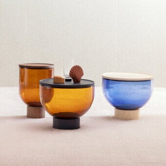 Distinguished Miniforms Mastea coffee table with amber glass bowl base and sleek black top crafted in Italy