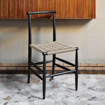 Superior Miniforms Pelleossa chair crafted in Italy with a matte black wooden frame and light beige checkered weave seat