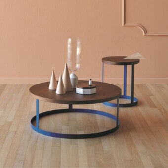 Exceptional Miniforms Zero coffee table with dark brown wood essence top and striking blue lacquered steel sheet base