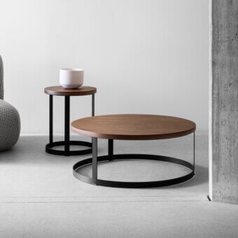 Superior Miniforms Zero coffee table with brown wood essence top and sleek black lacquered steel base