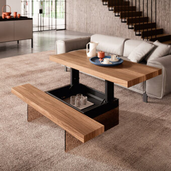 Superior Ozzio Italia Markus lift top coffee table with warm brown wood and sleek black metal structure