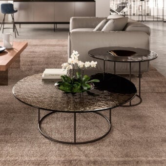 Architectural Ozzio Italia Moved coffee table with frosted glass in mottled brown tones and dark finished metal base
