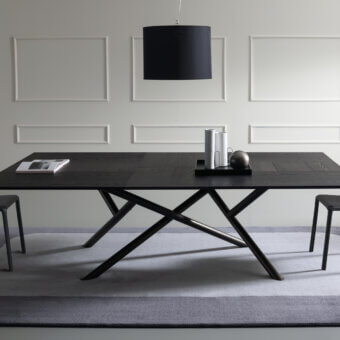 Distinguished Ozzio Italia Random extendable table with dark wood and angular metal tube base in matte finish