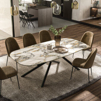 Distinguished Ozzio Italia Random table with elongated oval tabletop in white, gray and gold tones and dark matte metal base