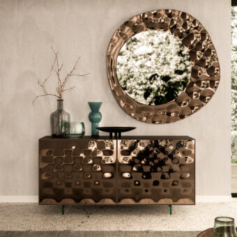 Distinguished Ozzio Italia Sarah sideboard with lacquered structure and curved mirror door cladding in an aluminum frame