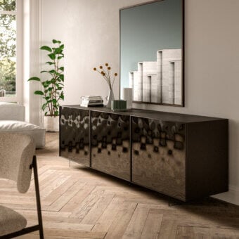 Elegant Ozzio Italia Sarah sideboard with dark brown lacquered structure and curved aluminum-framed mirror cladding