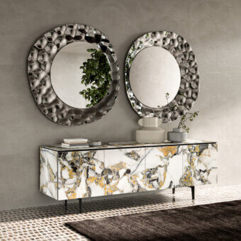 Captivating Ozzio Italia Sea mirror with contoured frame and reflective silver-toned finish incorporating smoked glass paths of light