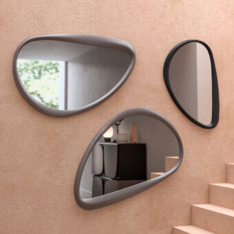 Distinguished Ozzio Italia Soho mirror with delicate asymmetric curves and a smooth shiny grey lacquered polyurethane frame