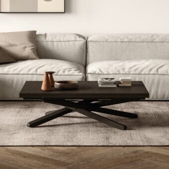 Distinguished Ozzio Italia Su&Giù table, a transformable centerpiece crafted in wood with a dark brown finish and intersecting geometric base