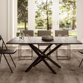 Captivating Ozzio Italia Su&Giù table, a transformable piece crafted in wood with a dark brown finish and X-shaped base