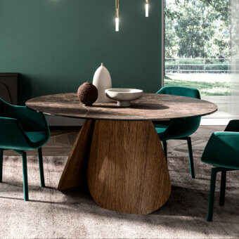 Exclusive Ozzio Italia Veliero table with a fixed round top and warm brown wooden base crafted in shaped sails