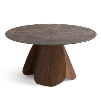 Distinguished Ozzio Italia Veliero table with a fixed round ceramic top exhibiting vibrant veining and a dark brown wooden sail base crafted with visible grain