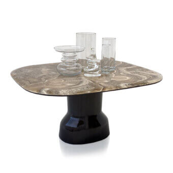 Captivating Casa Casati Musa table with swirling light and dark brown marble top and sleek dark lacquered resin base