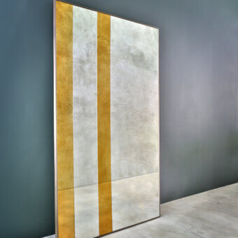 Exceptional Casa Casati Strip mirror crafted with alternating colored and clear mirror, antique gold bands, and a dark bronze metal frame