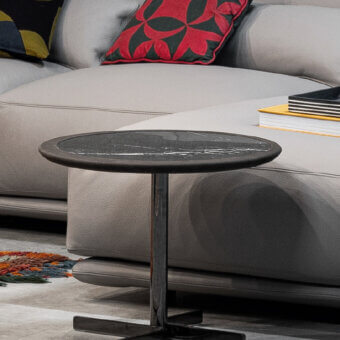 Exceptional Cierre1972 Laurel&Hardy side table with dark ceramic top and matte metal base crafted in Italy