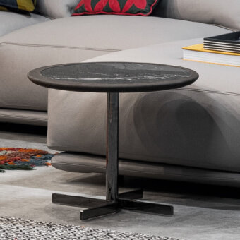 Exceptional Cierre1972 Laurel&Hardy side table with dark ceramic top and matte metal base crafted in Italy