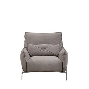 Distinguished Cierre1972 Tulip lounge chair with muted gray textile upholstery and raw-cut seams embodies sophistication with button-tufting details