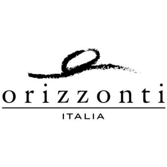 orizzonti italia design center logo, black brushstroke graphic above sans-serif text, lowercase "orizzonti" over lined "ITALIA" on white.