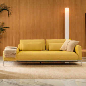 Distinguished Horm Dizzy sofa with a light ecological aluminum frame enveloped in uniform yellow textile crafted in Italy