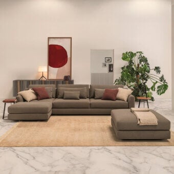 Distinguished Horm Ellington sectional with light aluminum frame showcasing tailoring crafted in muted taupe-brown textile and matte finish
