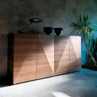 Distinguished Horm Not Riddled sideboard with diamond-shaped wood doors and smooth medium brown finish showcasing natural grain patterns