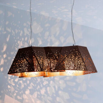 Exceptional Horm Plywood Suspension Lamp crafted in dark brown laser-etched plywood with a matte finish and geometric perforations