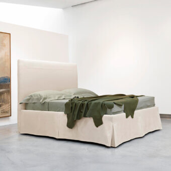 Superior Horm Sardegna bed with light beige textile upholstery and mocha lacquered solid beechwood feet